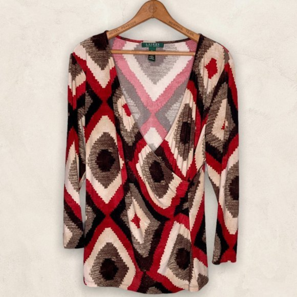 Lauren Ralph Lauren XL Red Brown Southwestern Ikat Faux Wrap Stretch Jersey Top‎